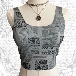 Y2k Graphic Grey Newspaper Print Fitted Crop Top – S/M